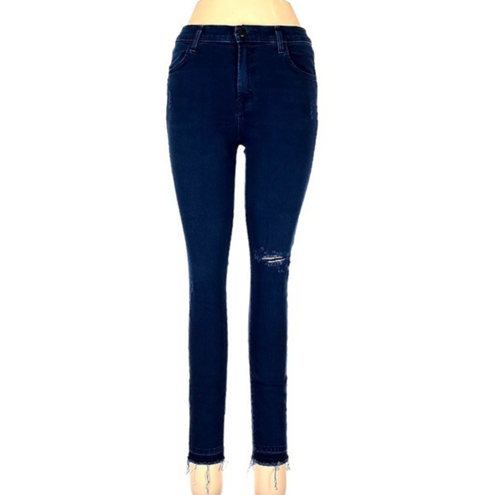 J Brand 28 Alana Invoke‎ Destruct indigo blue wash high-rise skinny ankle jeans
